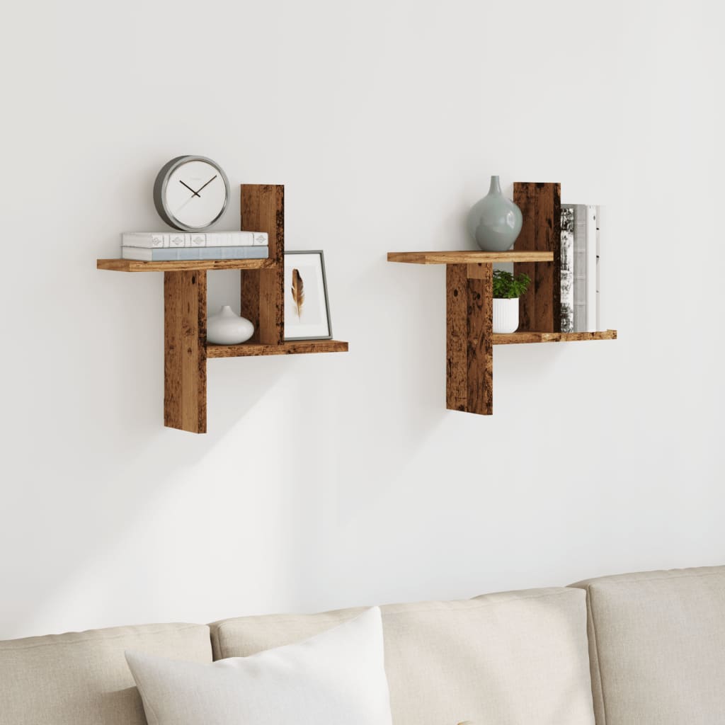 Wandschappen 2 st 38x12x38 cm bewerkt hout oud houtkleurig is nu te koop bij PeponiXL, paradijselijk wonen!