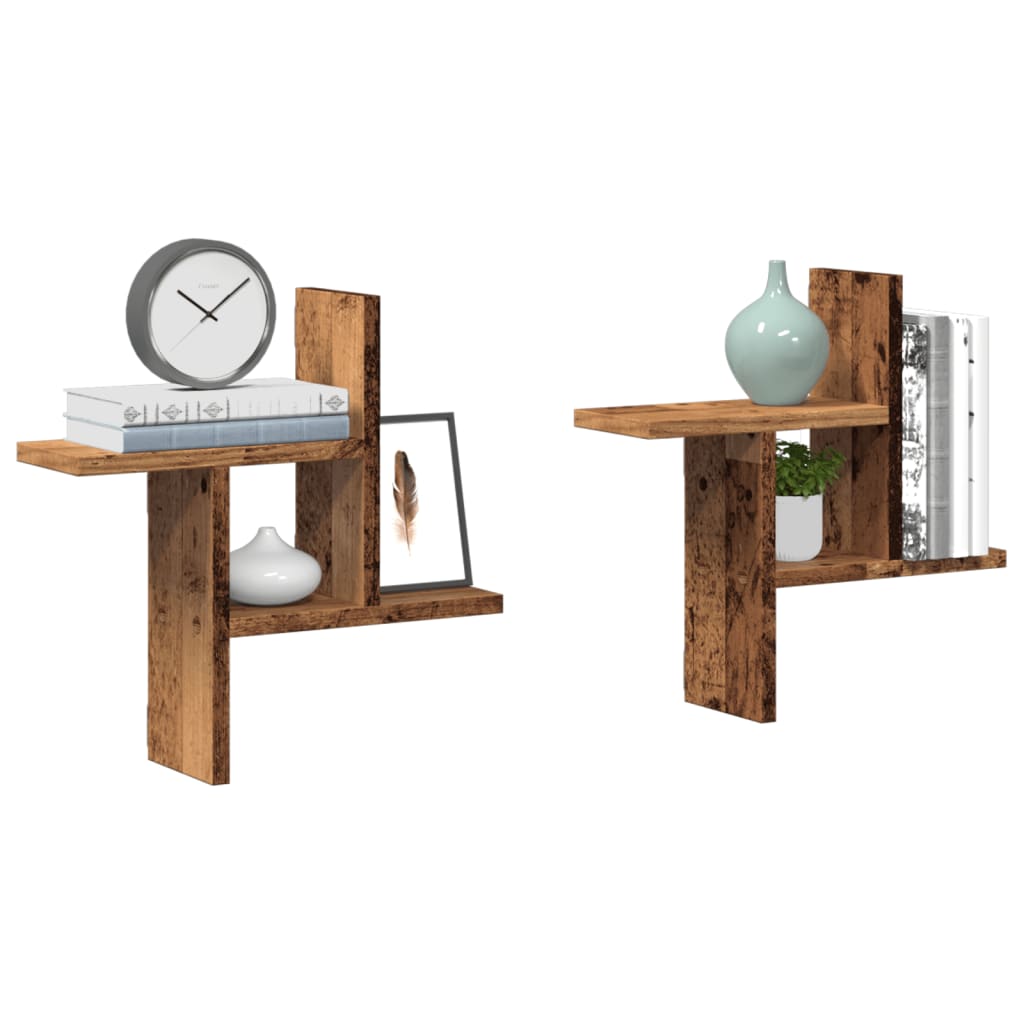 Wandschappen 2 st 38x12x38 cm bewerkt hout oud houtkleurig is nu te koop bij PeponiXL, paradijselijk wonen!