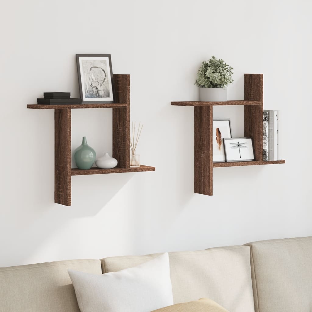 Wandschappen 2 st 50x12x50 cm bewerkt hout bruin eikenkleurig is nu te koop bij PeponiXL, paradijselijk wonen!