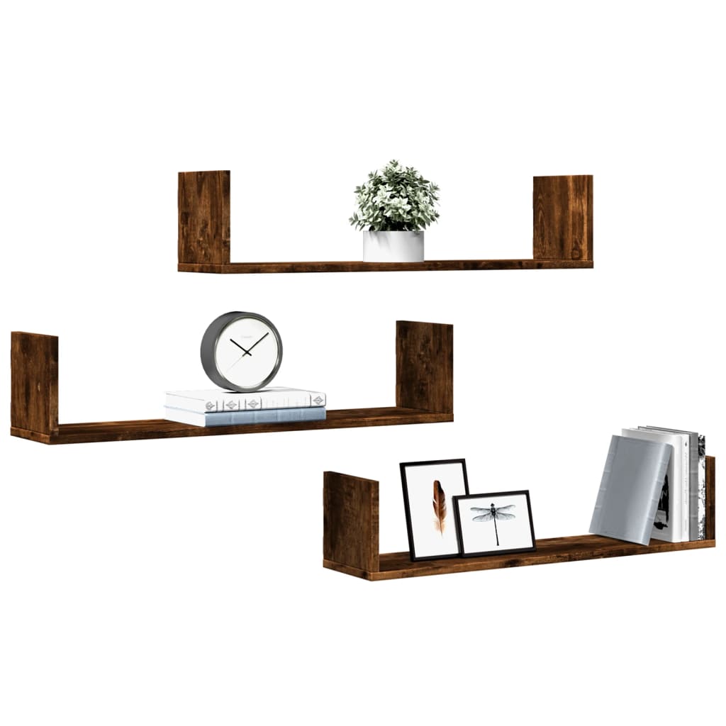 Wandschappen 3 st 80x18x18 cm bewerkt hout gerookt eikenkleurig is nu te koop bij PeponiXL, paradijselijk wonen!