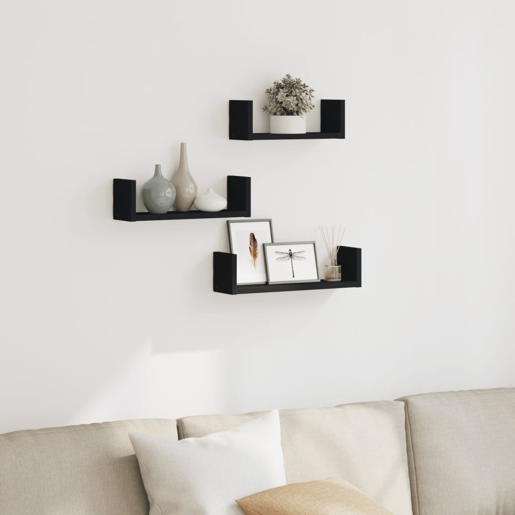 Wandschappen 3 st bewerkt hout zwart is nu te koop bij PeponiXL, paradijselijk wonen!