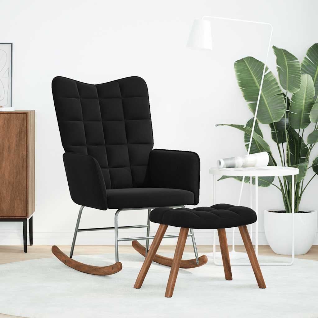 Schommelstoel met kruk zwart fluweel is nu te koop bij PeponiXL, paradijselijk wonen!