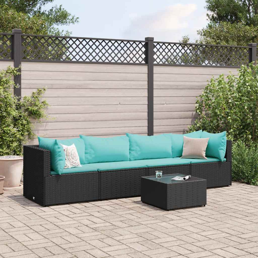 5-delige Loungeset met kussens poly rattan zwart is nu te koop bij PeponiXL, paradijselijk wonen!