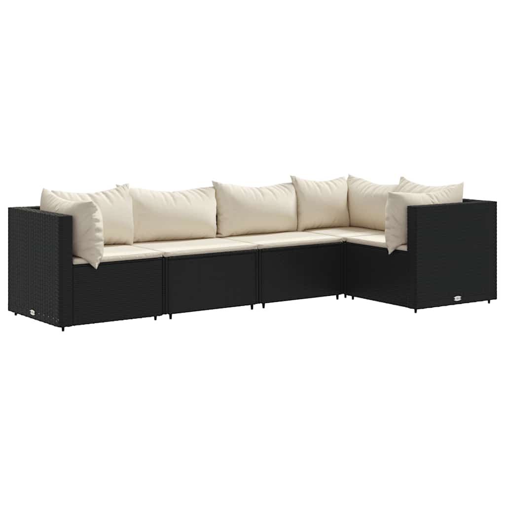 5-delige Loungeset met kussens poly rattan zwart