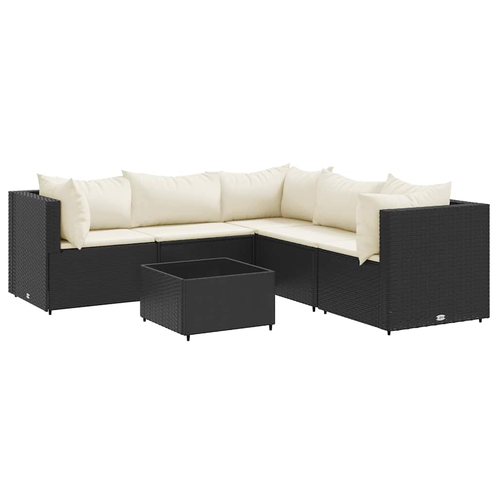 6-delige Loungeset met kussens poly rattan zwart