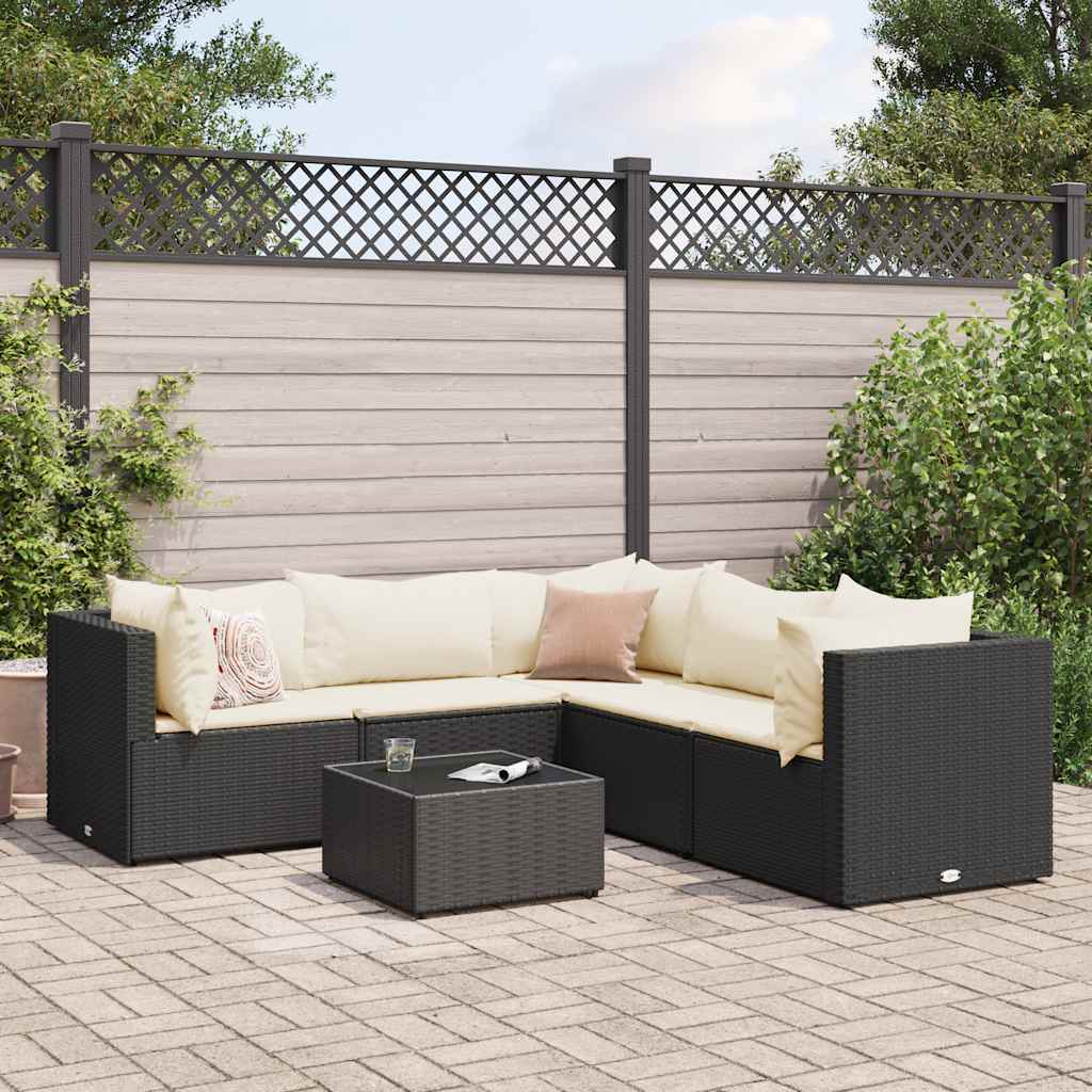 6-delige Loungeset met kussens poly rattan zwart