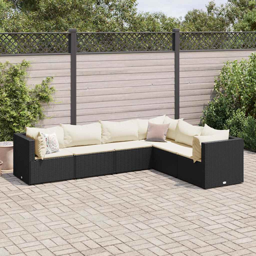 6-delige Loungeset met kussens poly rattan zwart
