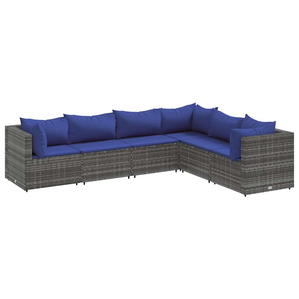 6-delige Loungeset met kussens poly rattan grijs