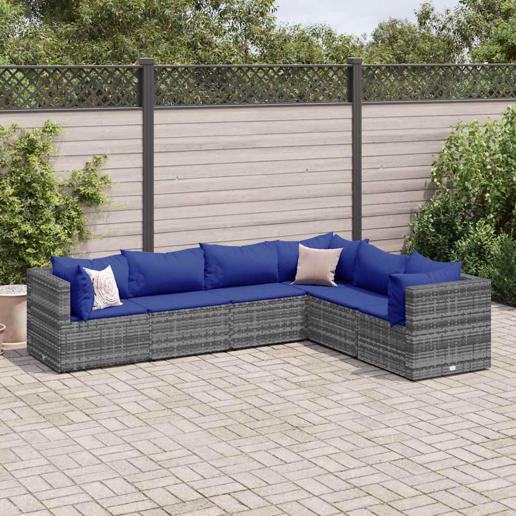 6-delige Loungeset met kussens poly rattan grijs