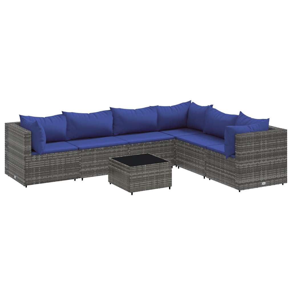 7-delige Loungeset met kussens poly rattan grijs