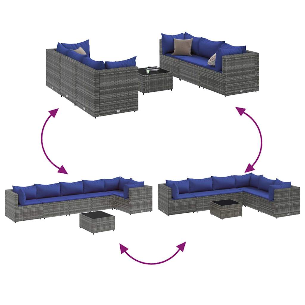 7-delige Loungeset met kussens poly rattan grijs