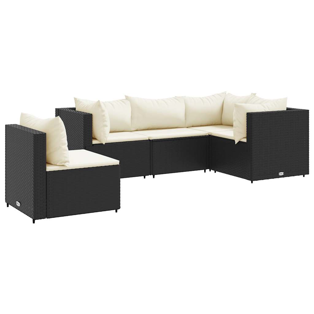 5-delige Loungeset met kussens poly rattan zwart