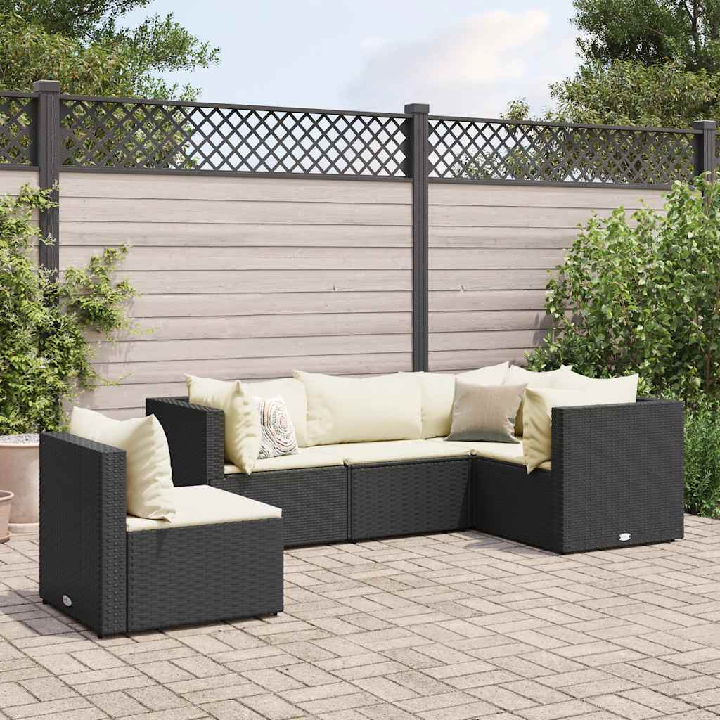 5-delige Loungeset met kussens poly rattan zwart