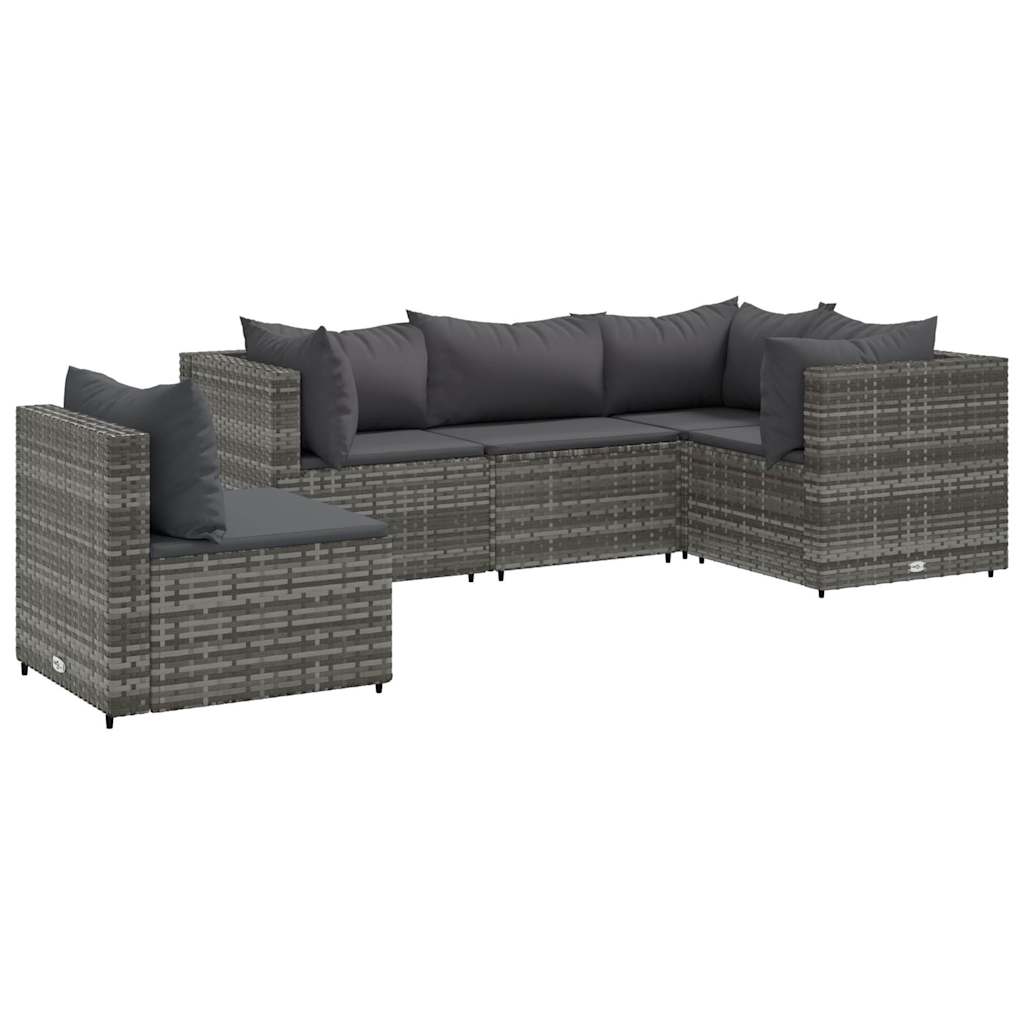 5-delige Loungeset met kussens poly rattan grijs