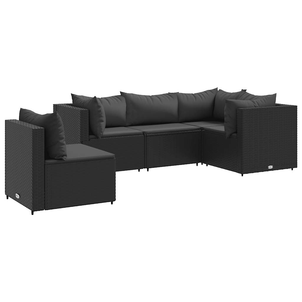 5-delige Loungeset met kussens poly rattan zwart