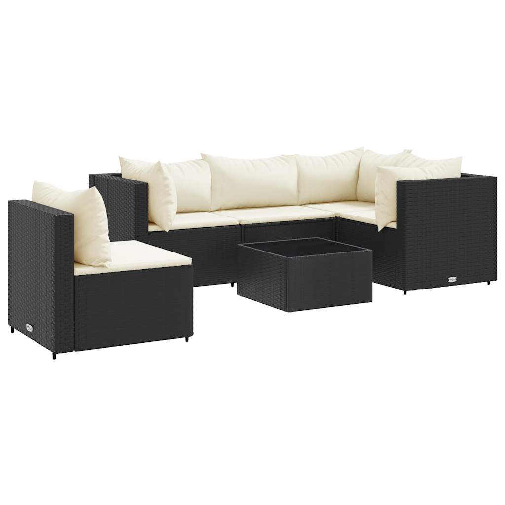 6-delige Loungeset met kussens poly rattan zwart