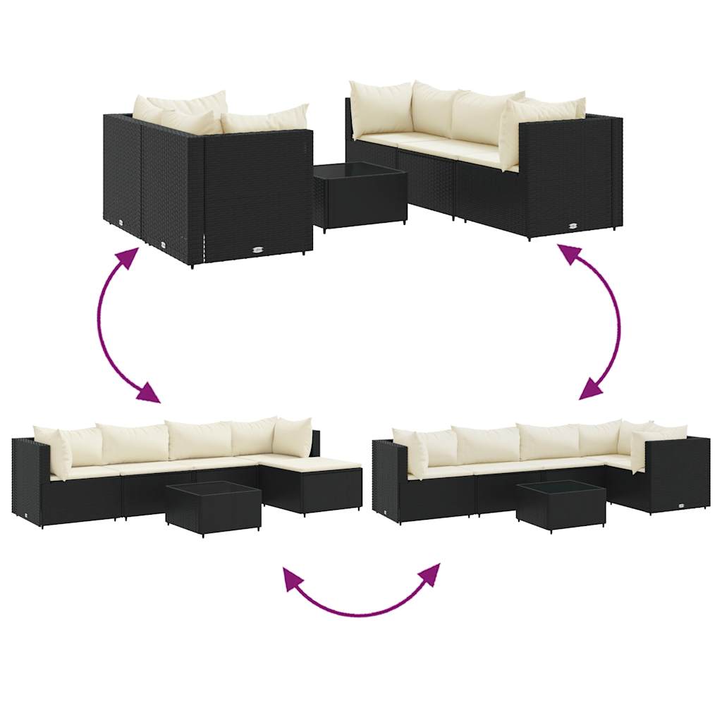 6-delige Loungeset met kussens poly rattan zwart