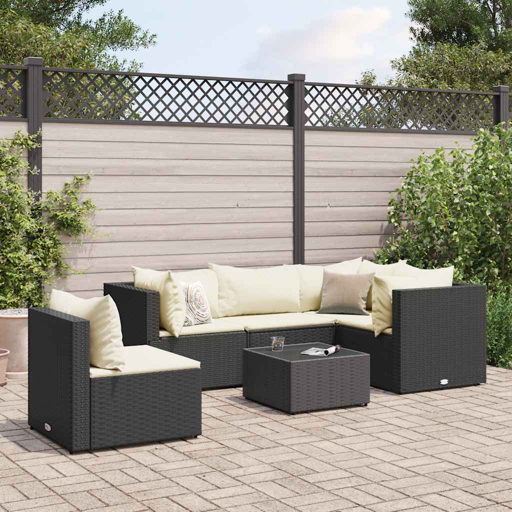 6-delige Loungeset met kussens poly rattan zwart