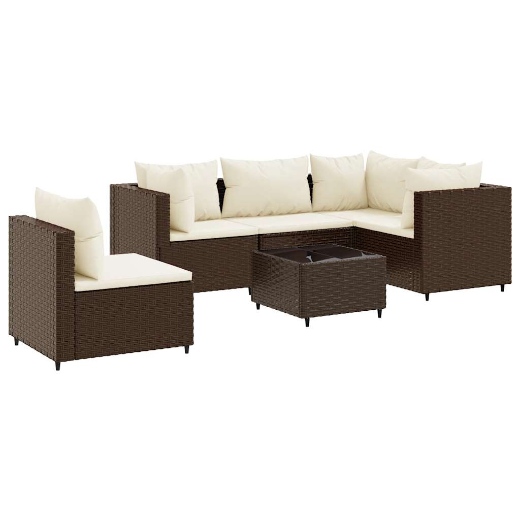 6-delige Loungeset met kussens poly rattan bruin