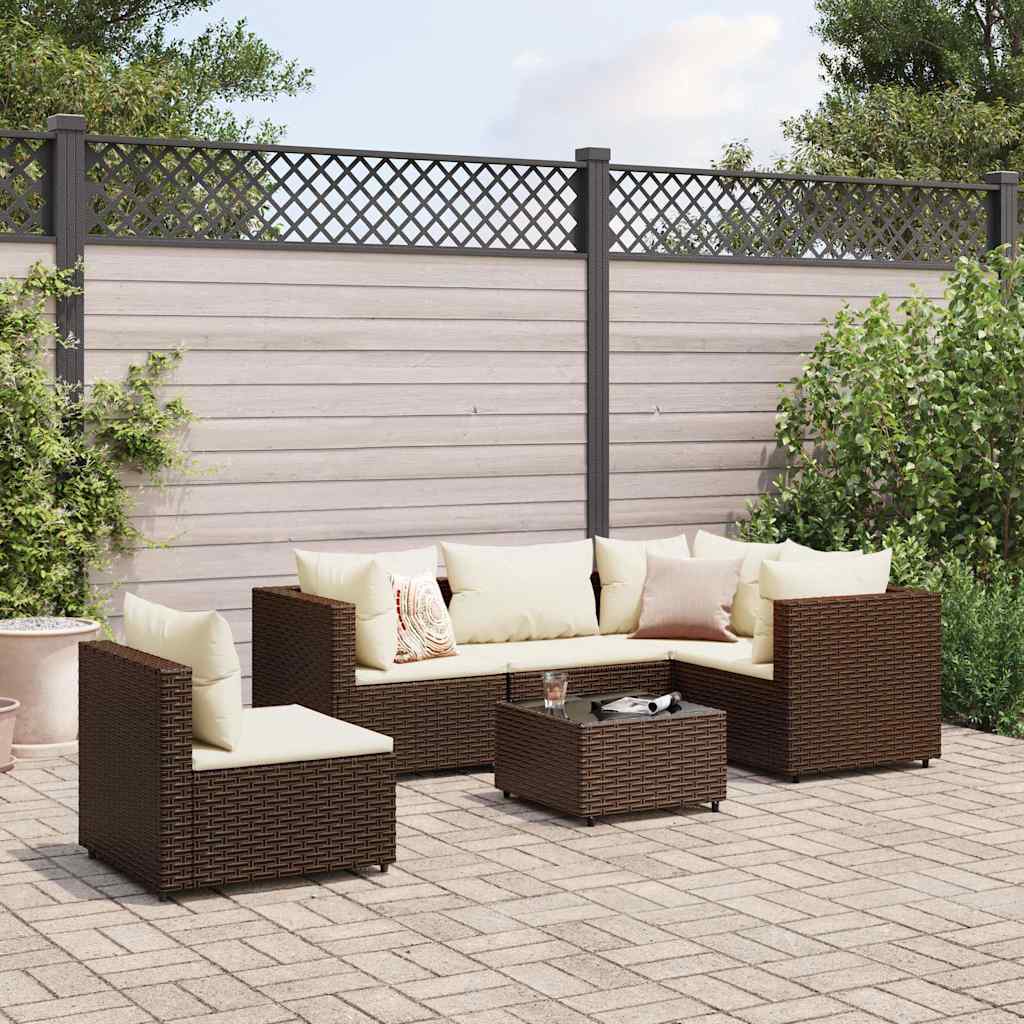 6-delige Loungeset met kussens poly rattan bruin