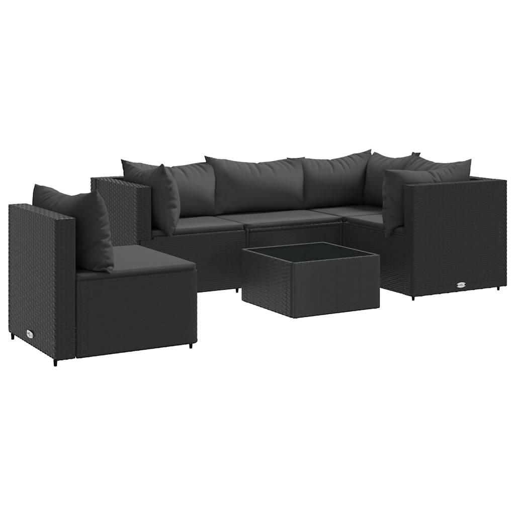 6-delige Loungeset met kussens poly rattan zwart