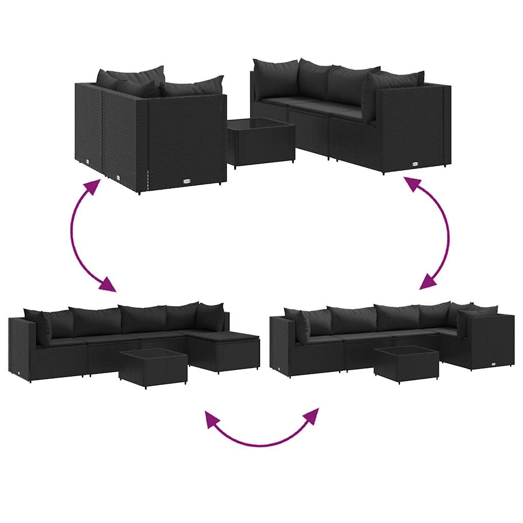 6-delige Loungeset met kussens poly rattan zwart