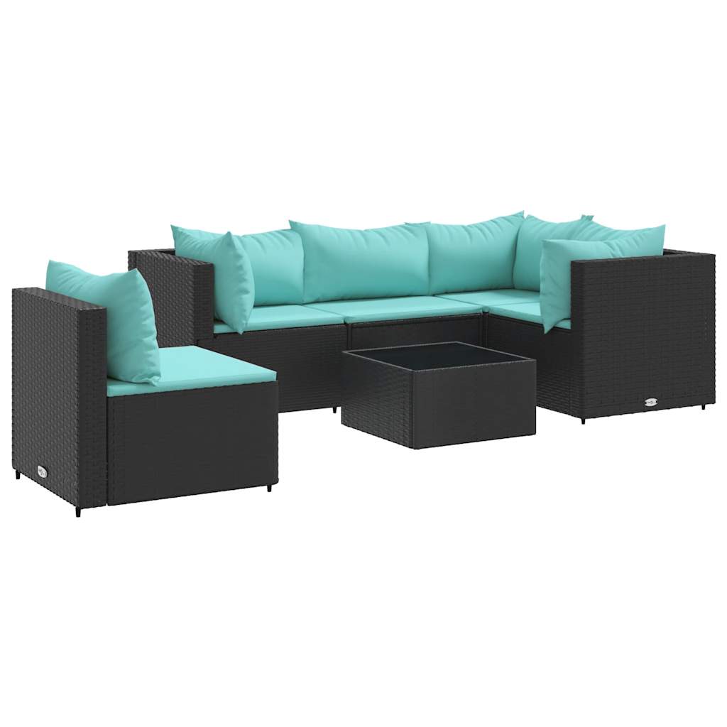 6-delige Loungeset met kussens poly rattan zwart