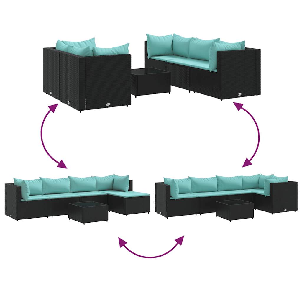 6-delige Loungeset met kussens poly rattan zwart