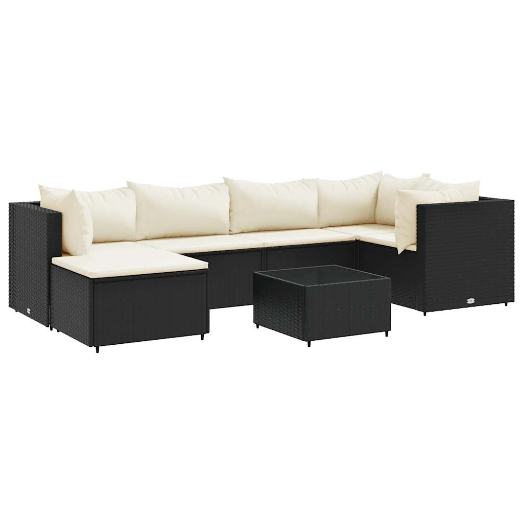 7-delige Loungeset met kussens poly rattan zwart