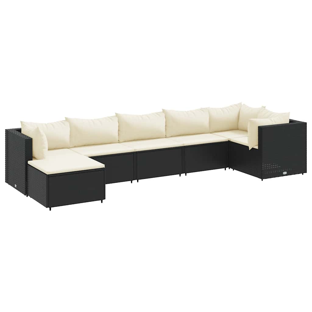 7-delige Loungeset met kussens poly rattan zwart