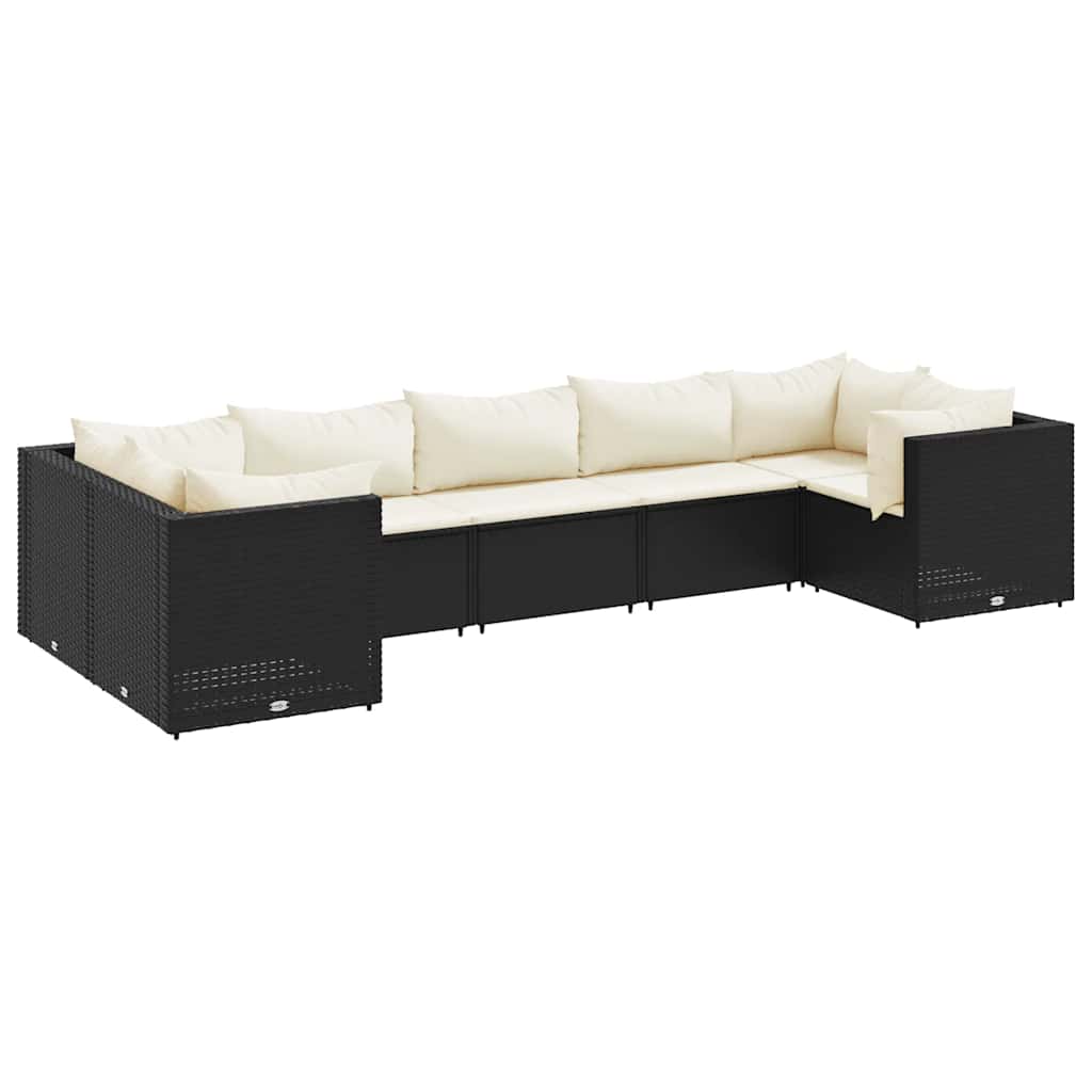 7-delige Loungeset met kussens poly rattan zwart