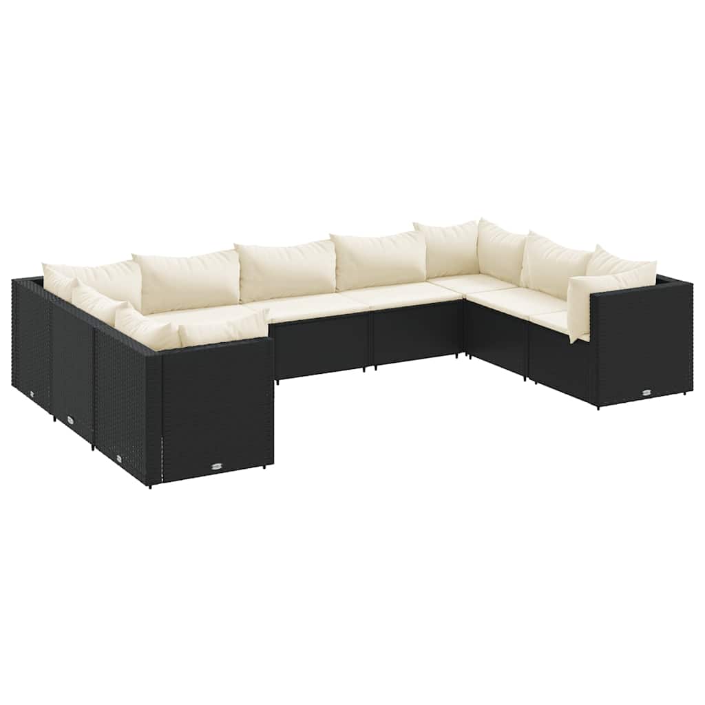 9-delige Loungeset met kussens poly rattan zwart