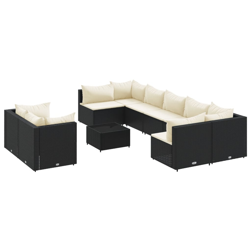 10-delige Loungeset met kussens poly rattan zwart