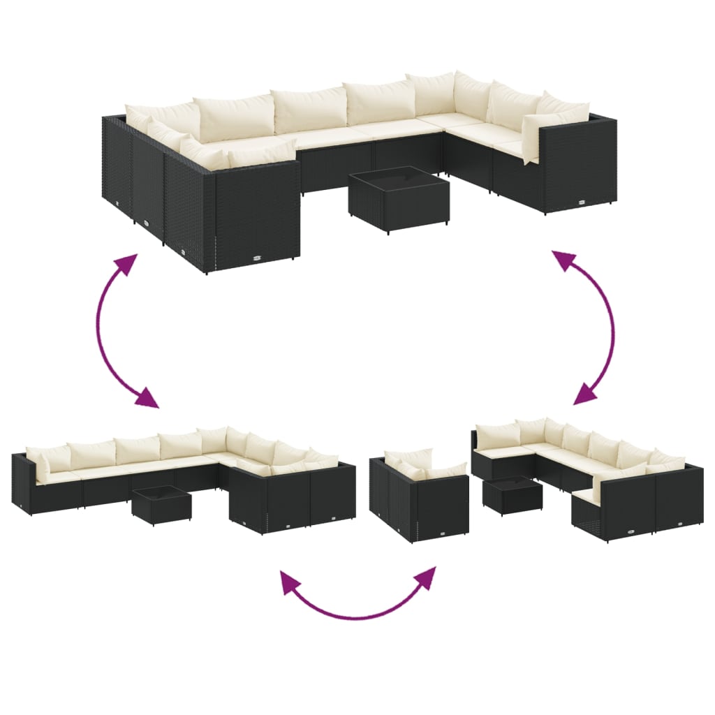 10-delige Loungeset met kussens poly rattan zwart
