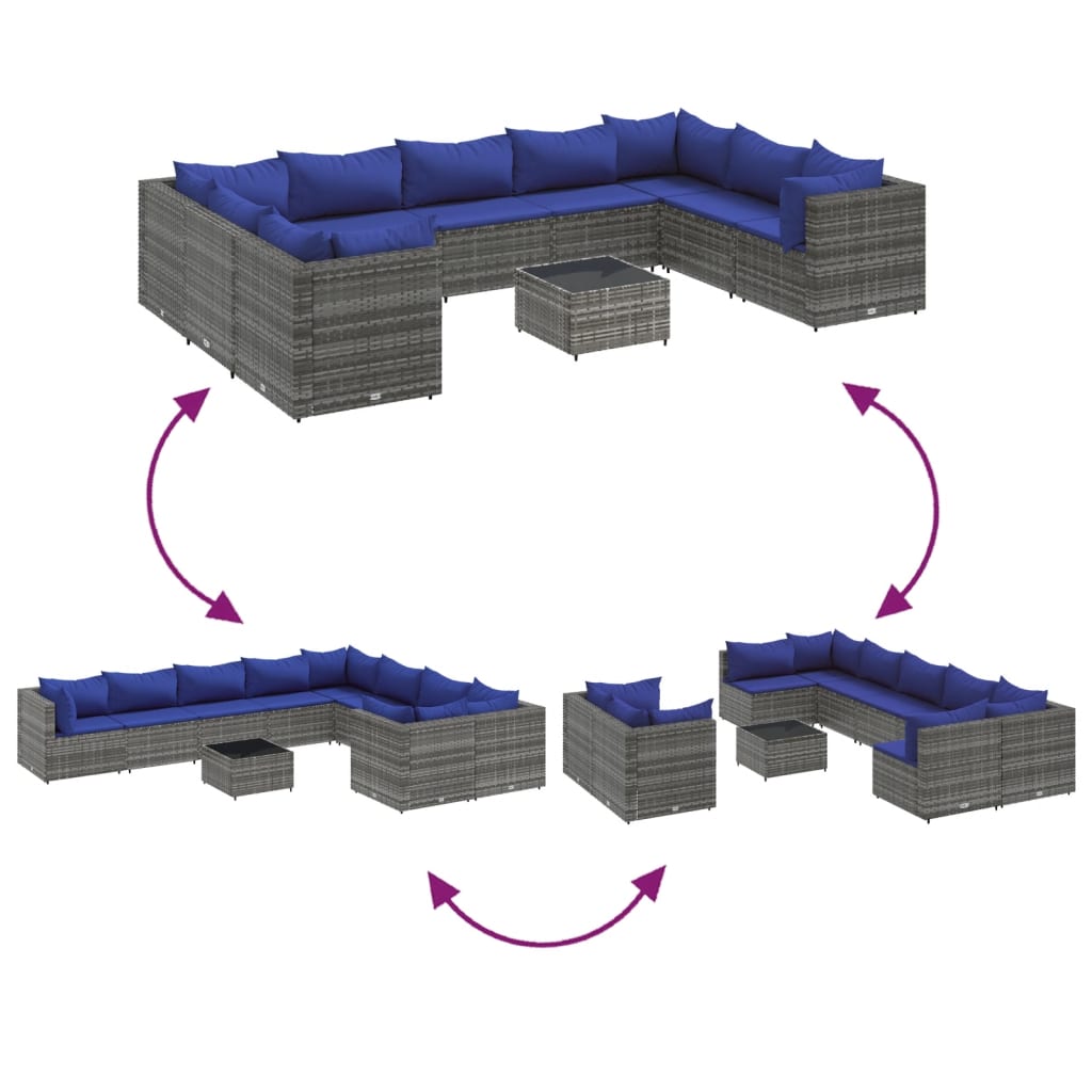 10-delige Loungeset met kussens poly rattan grijs is nu te koop bij PeponiXL, paradijselijk wonen!
