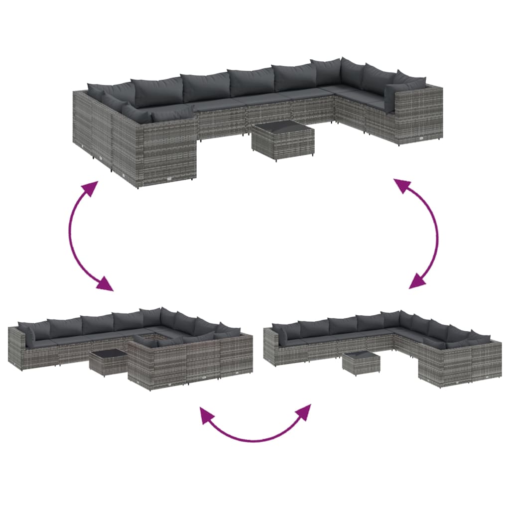 11-delige Loungeset met kussens poly rattan grijs