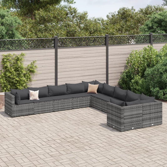 10-delige Loungeset met kussens poly rattan grijs is nu te koop bij PeponiXL, paradijselijk wonen!