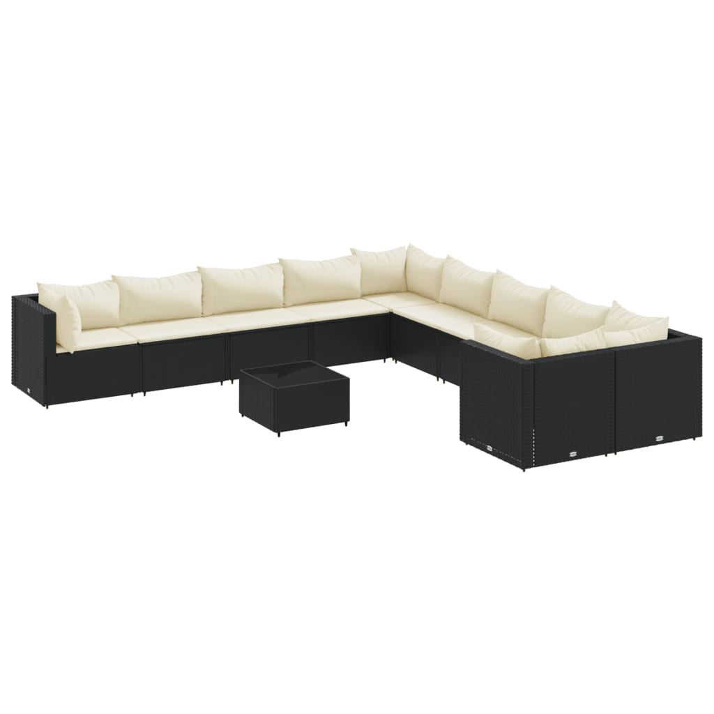 11-delige Loungeset met kussens poly rattan zwart