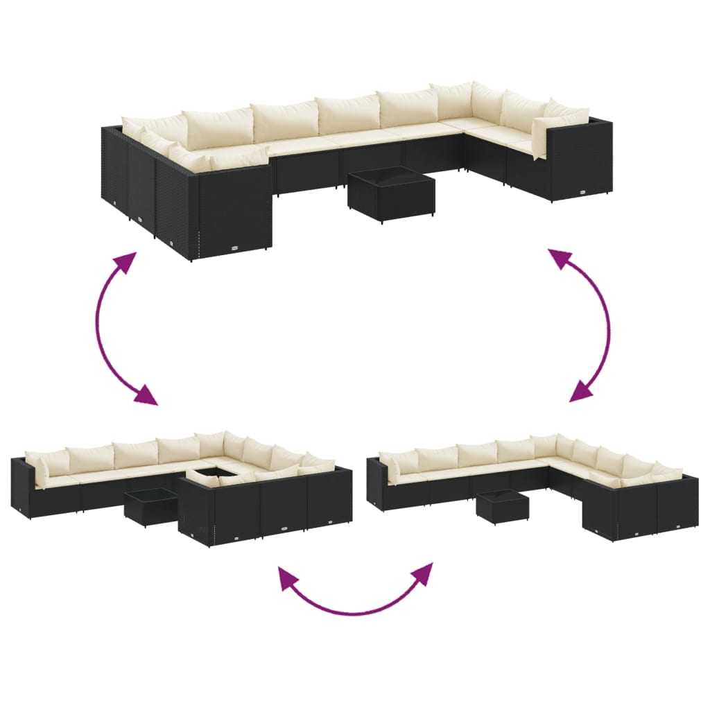 11-delige Loungeset met kussens poly rattan zwart