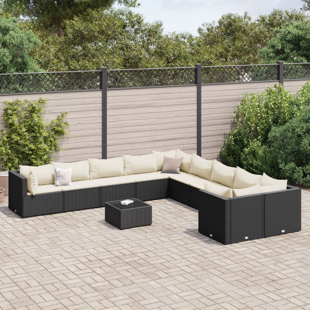 11-delige Loungeset met kussens poly rattan zwart