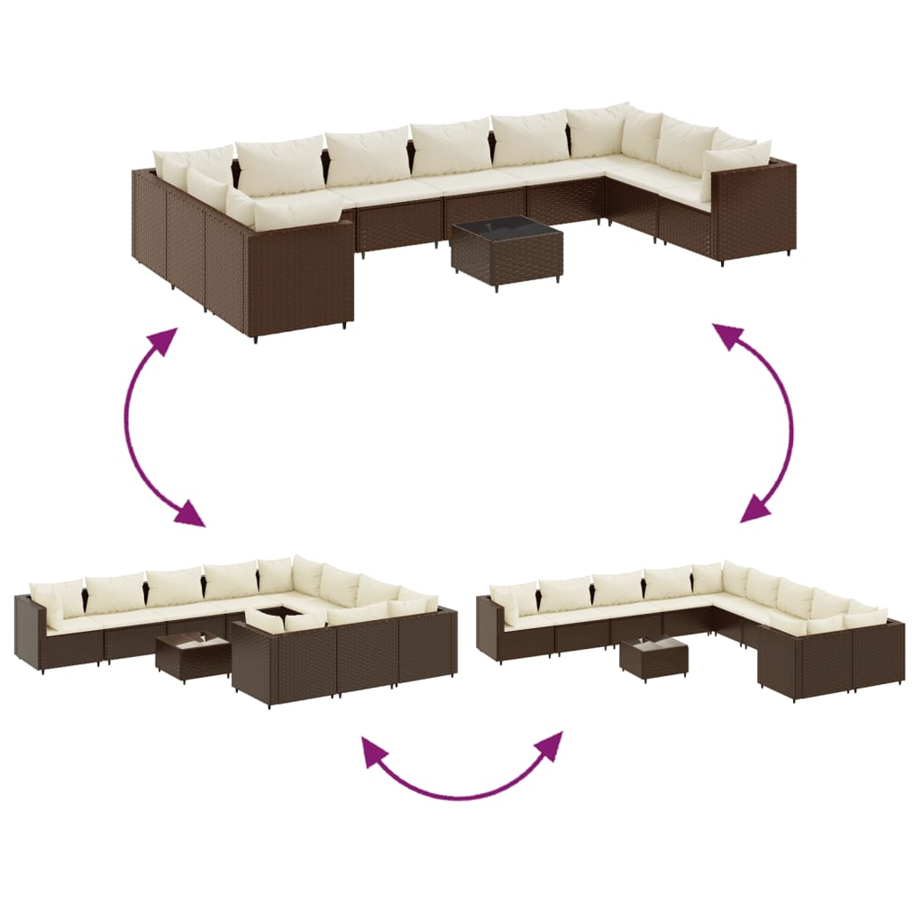 11-delige Loungeset met kussens poly rattan bruin