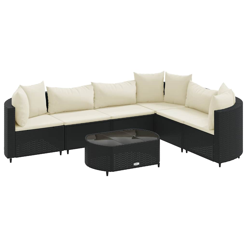 7-delige Loungeset met kussens poly rattan zwart