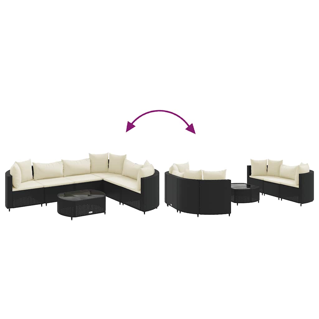 7-delige Loungeset met kussens poly rattan zwart