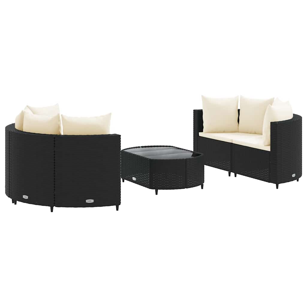 5-delige Loungeset met kussens poly rattan zwart