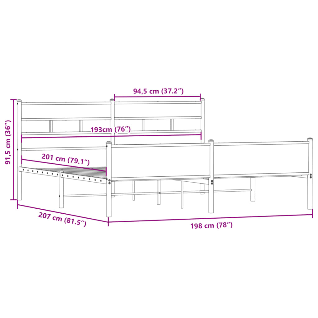 Bedframe zonder matras metaal gerookt eikenkleurig 193x203 cm is nu te koop bij PeponiXL, paradijselijk wonen!