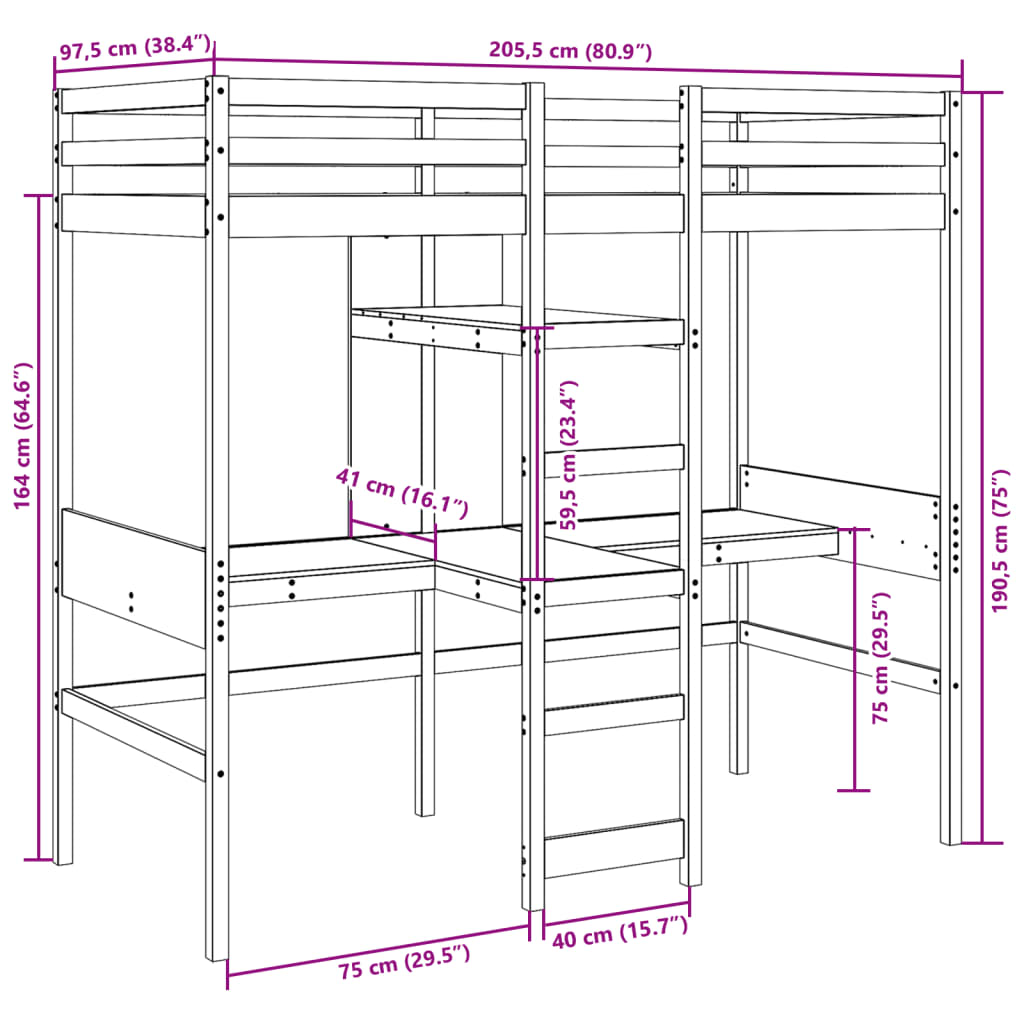 Hoogslaper met bureau en schappen massief grenenhout 90x200cm is nu te koop bij PeponiXL, paradijselijk wonen!