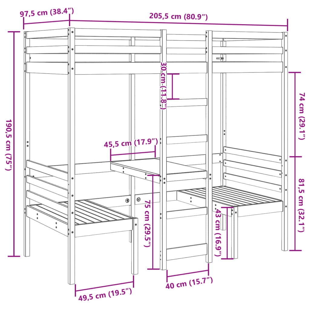 Hoogslaper met bureau en stoelen massief grenenhout 90x200cm is nu te koop bij PeponiXL, paradijselijk wonen!