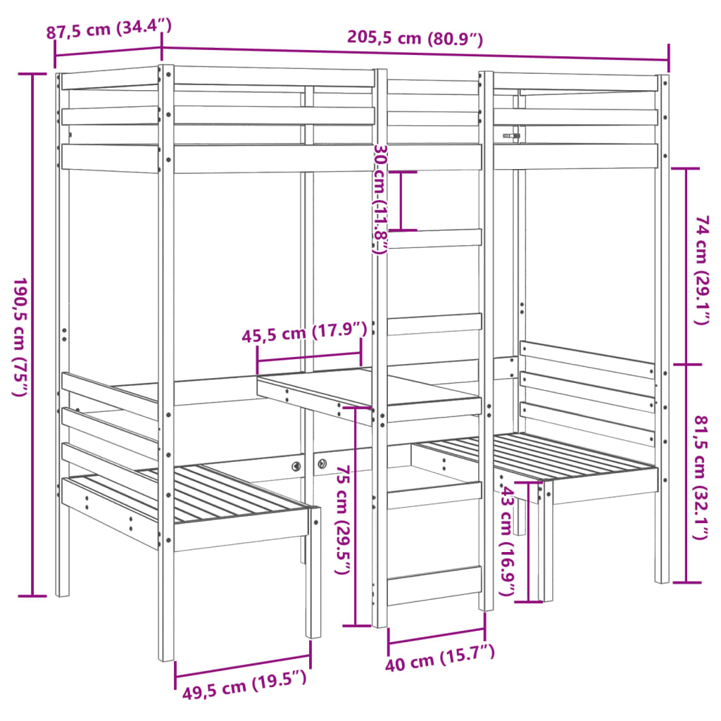 Hoogslaper met bureau en stoelen grenenhout wasbruin 80x200cm is nu te koop bij PeponiXL, paradijselijk wonen!