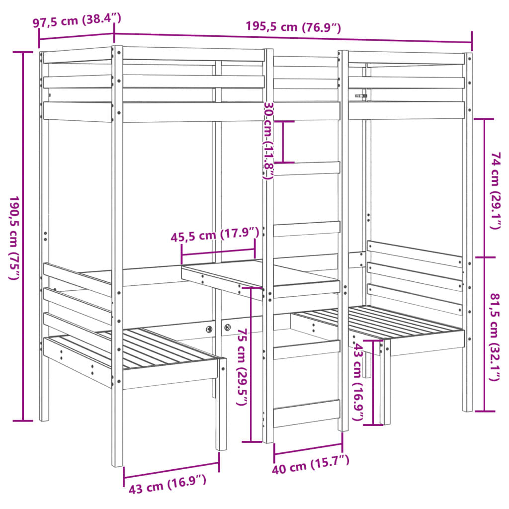 Hoogslaper met bureau en stoelen massief grenenhout 90x190cm is nu te koop bij PeponiXL, paradijselijk wonen!