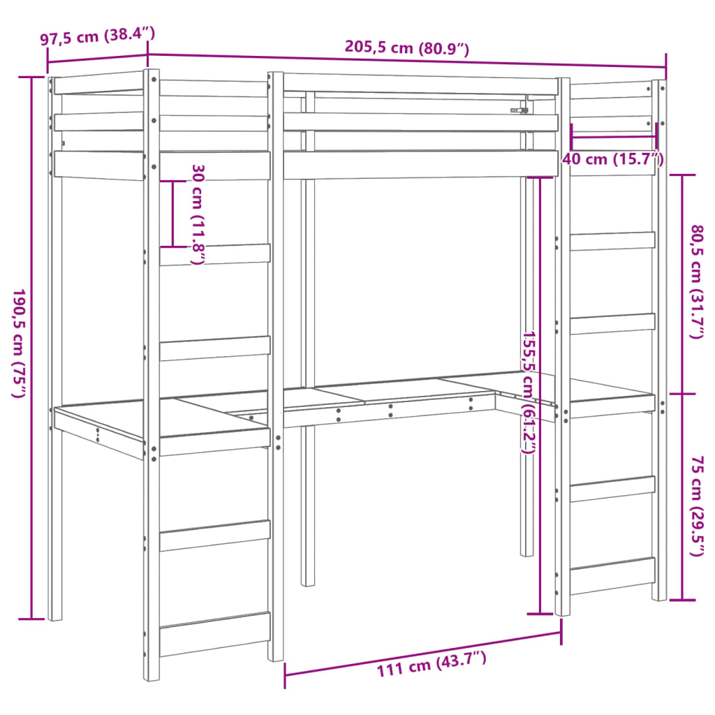 Hoogslaper met bureau massief grenenhout wit 90x200 cm is nu te koop bij PeponiXL, paradijselijk wonen!